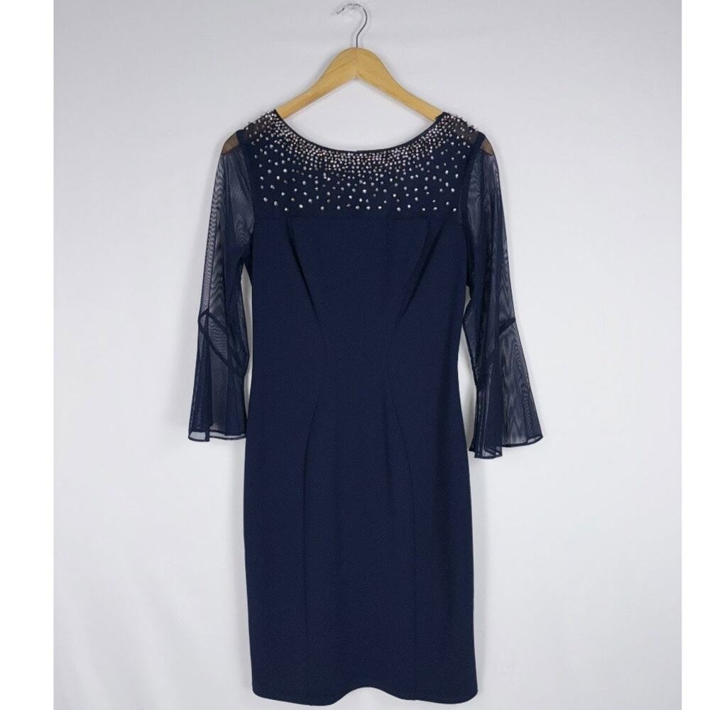 Alex Evenings Embellished Illusion Mesh Sheath Dress Women's 6 Navy Crepe